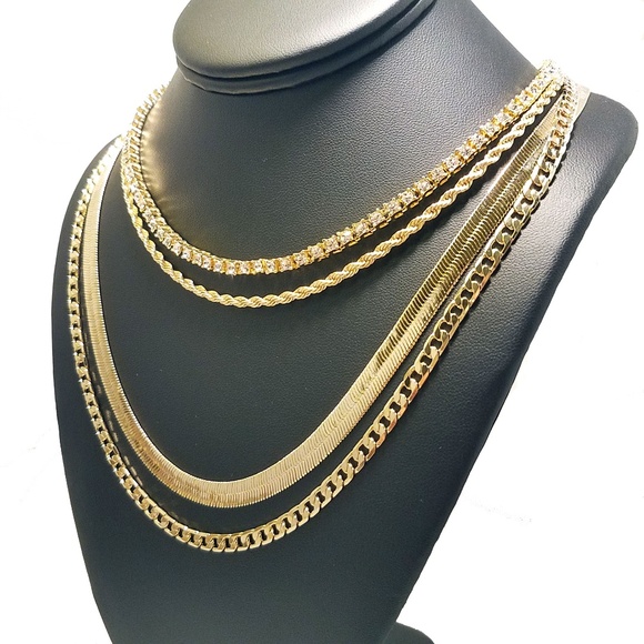 14k Gold Plated 4 Chain Hip Hop Necklace Bling Set - Picture 2 of 2